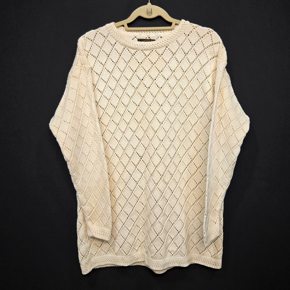 Vintage 90s Eddie Bauer Sweater Women Medium Cream Cotton Diamond Pointelle Knit